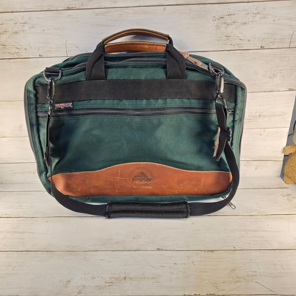 VTG 90's JanSport Briefcase Messenger Bag Green Canvas Leather Trim Laptop Bag